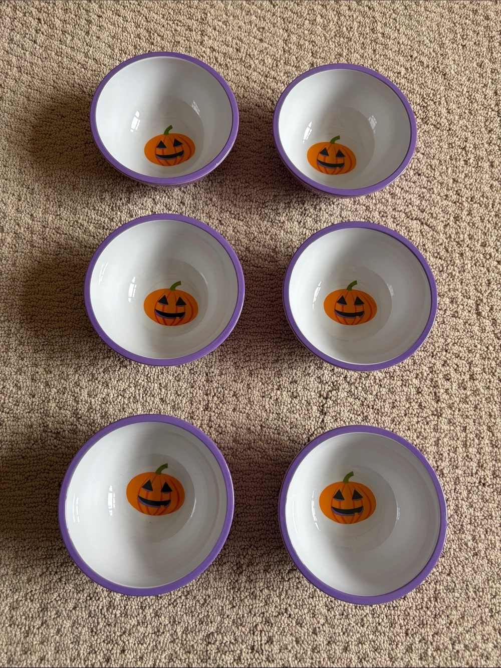 Set of 6 Halloween Pumpkin Bowls with Purple Rim